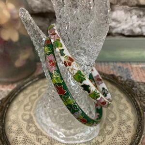 Vintage Cloisonne Gold Floral Enamel Bangle Bracelets Collectible Stackable Set